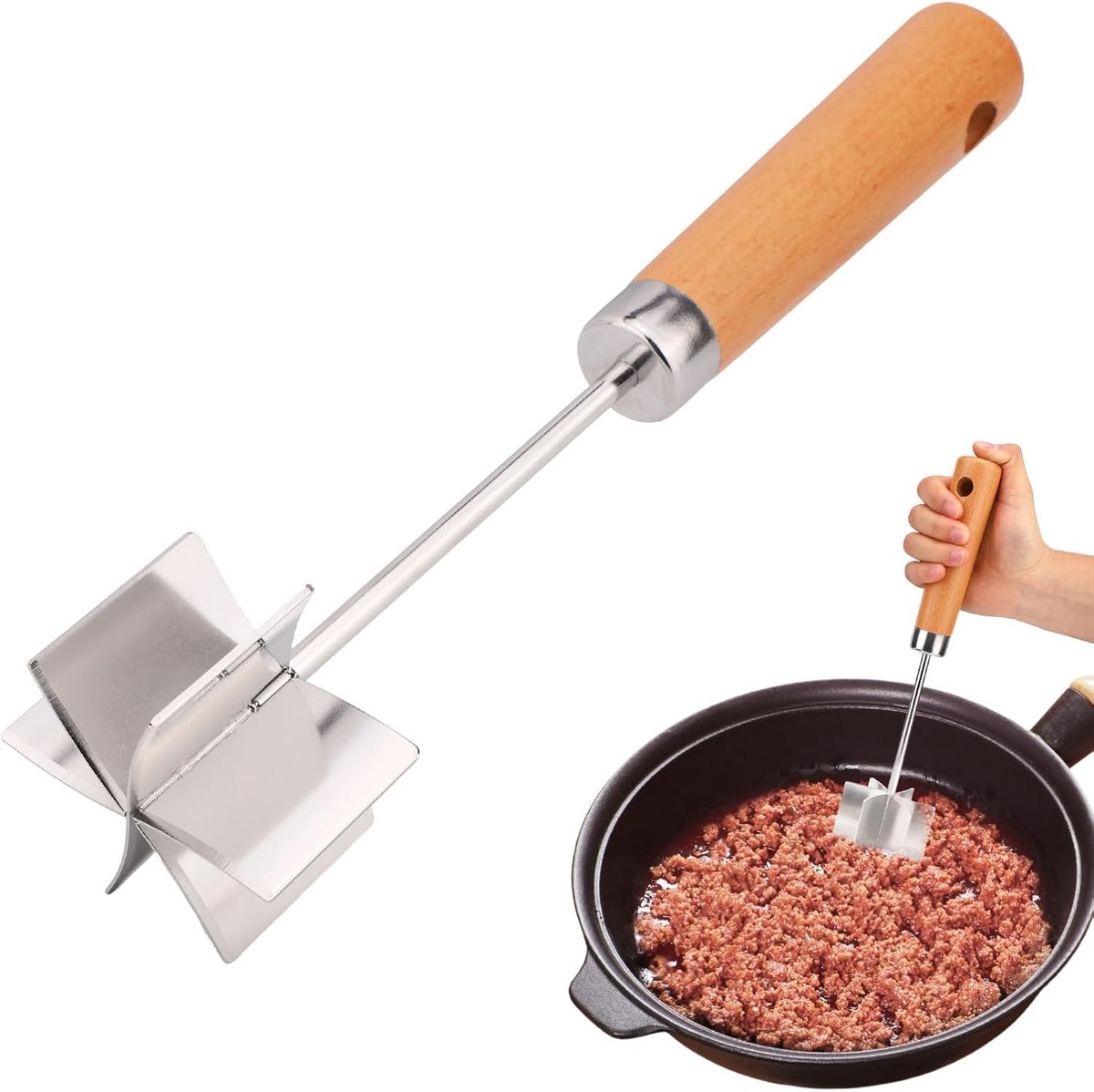 SnelShoppen - RVS Vlees Hakker met Houten Handvat, 6-Mes Gehaktschepper, Hittebestendige Hamburger Drukker, Multifunctionele Keukenhulp voor Groenten,
