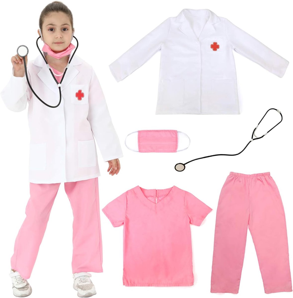 SnelShoppen - Unisex Kinderen Arzt Kostuum Rosa Dokters Outfit met Scrubs, Stethoscoop en Mondkapje voor Feestjes 3-5 Jaar