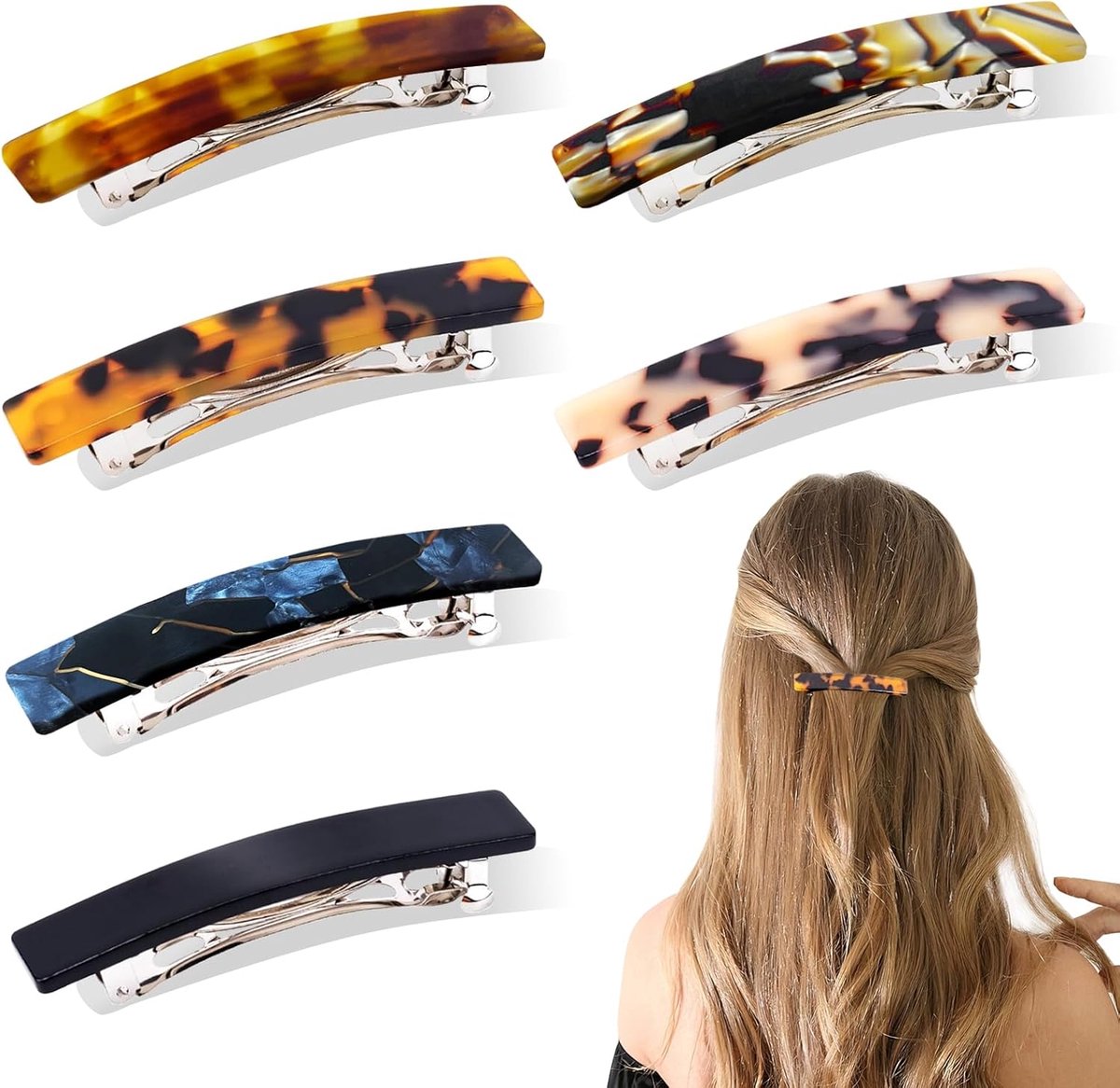SnelShoppen - 6 Stuks 7.5 cm Automatische Haarklemmen voor Vrouwen - Rectangle Franse Haarclips - Chic Haarklemmen voor Diverse Haarstijlen - Ideaal v