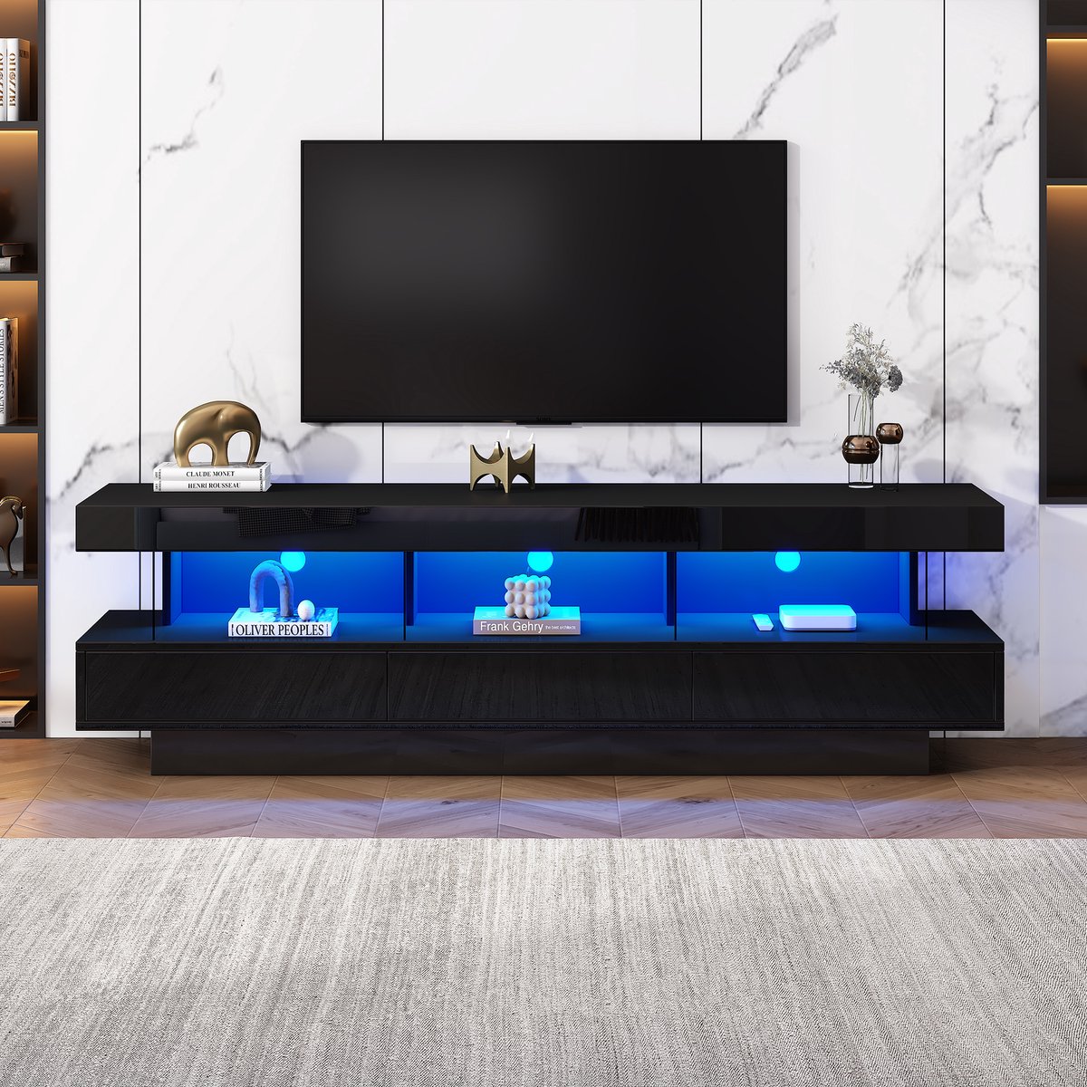 Wishdor - TV-meubel - zwart hoogglans - 3 glazen opbergvakken en LED-verlichting - modern 