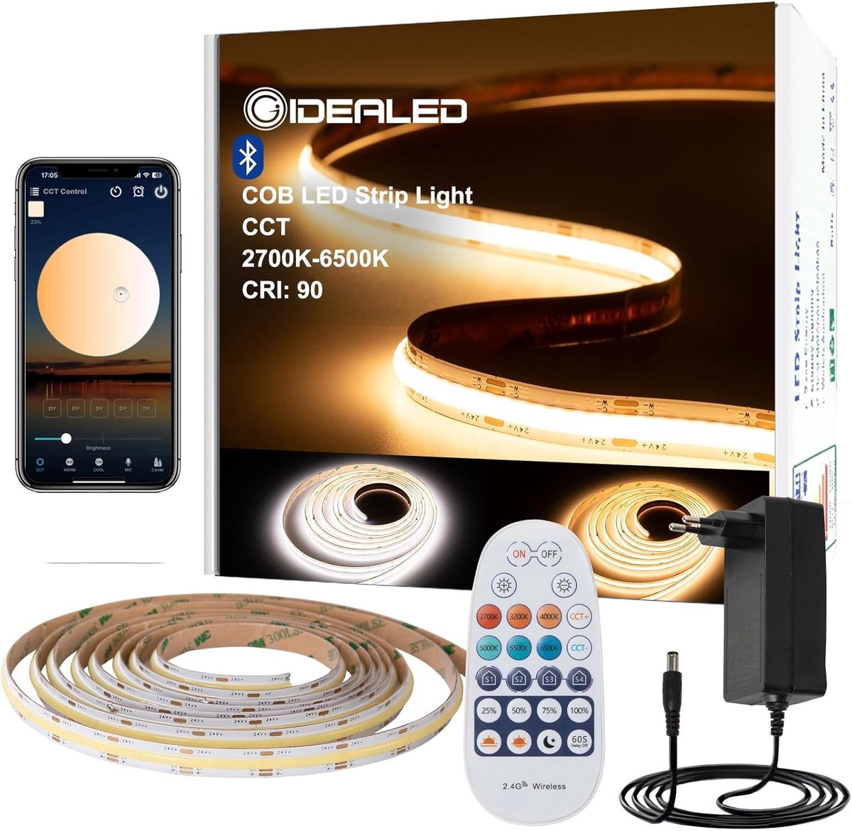 SnelShoppen - Dimbare CCT COB LED Strip 5m 24V 2700K-6500K met RF Afstandsbediening en Bluetooth App, 2880 LEDs, Superhelder voor Thuis, Tuin, Feest e