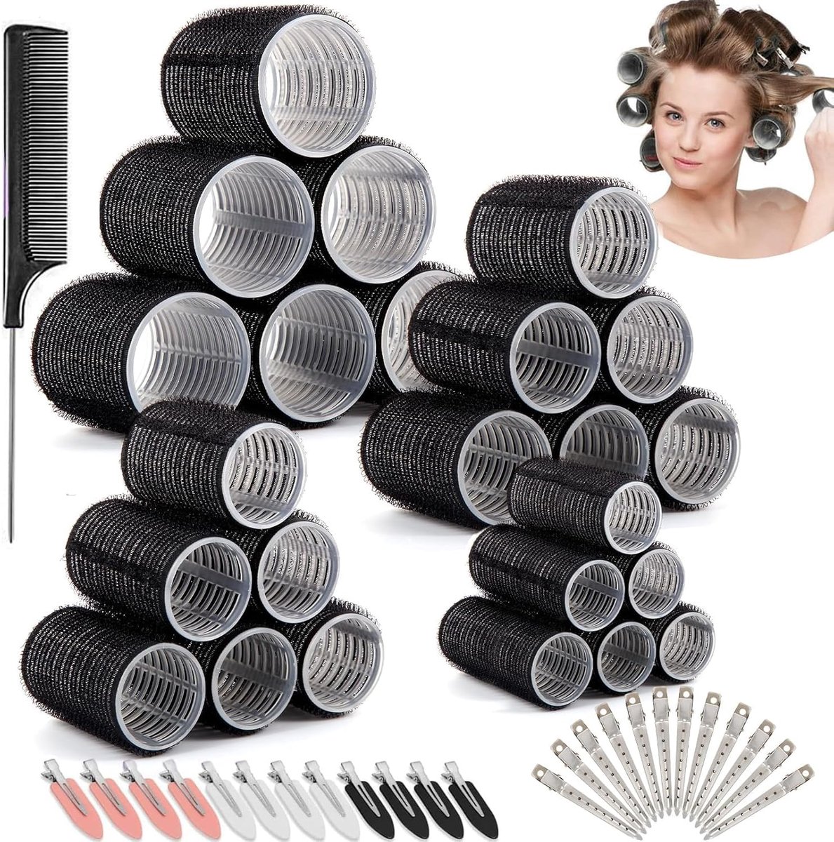 SnelShoppen - Set van 49 Zelfklevende Krulspelden - Hittevrij - Inclusief 24 Haarclips - Voor Lang, Middelmatig en Kort Haar - 60/45/36/25mm