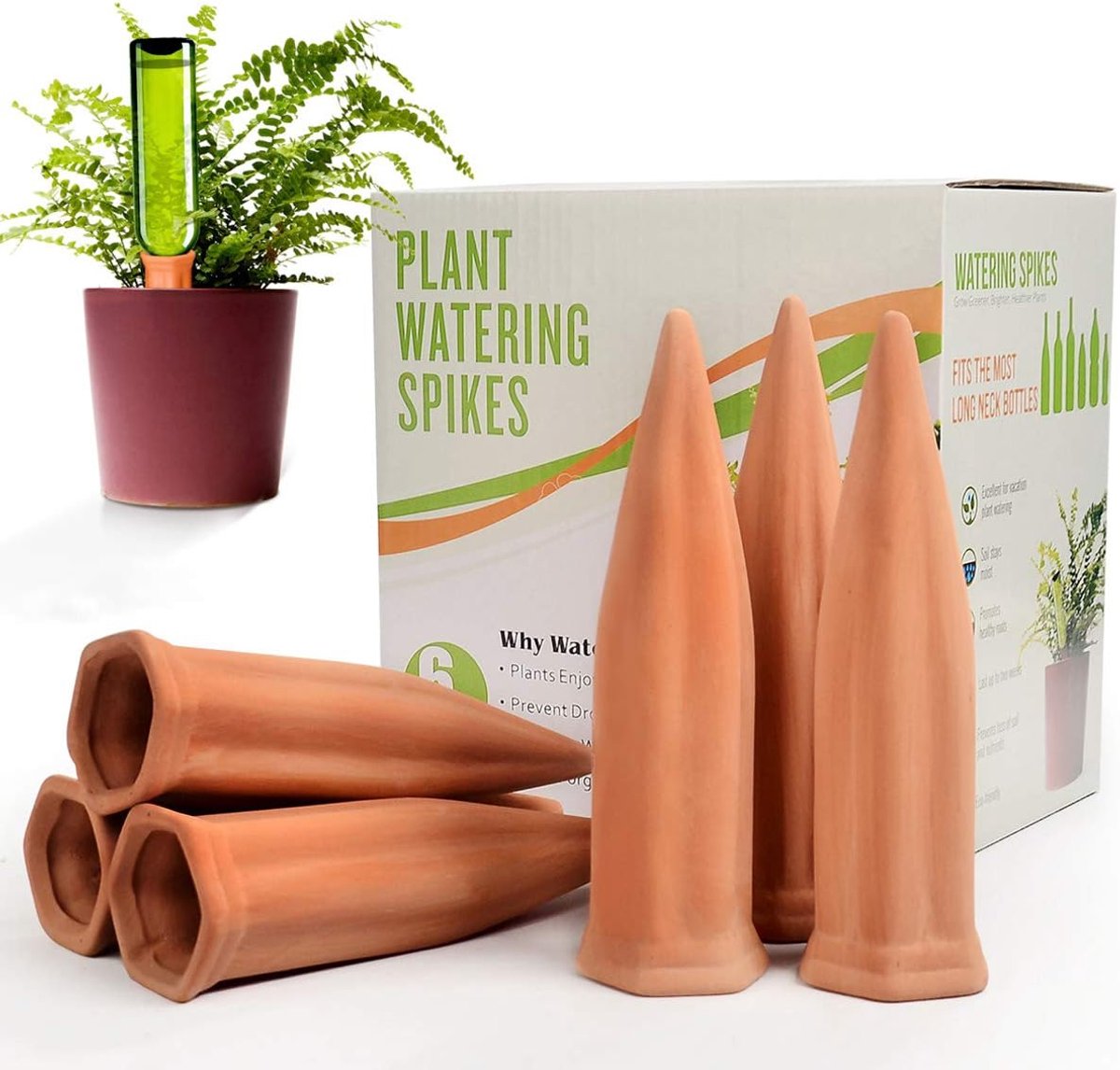 SnelShoppen - Terracotta Plant Watering Spikes Set van 6 - Zelfwaterende Spikes voor Planten - Handig voor Tuin, Camping en Vakantie - Geschikt voor F