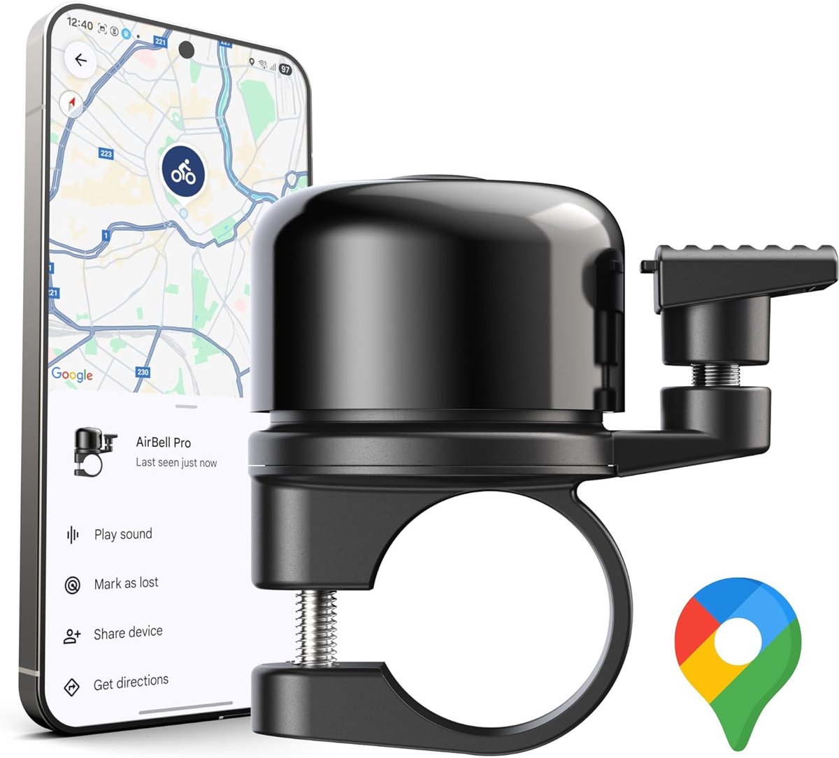 SnelShoppen - AirBell Pro Fietsbel met Tracker - Compatibel met Google Vind Mijn Apparaat - Universele Montage voor 22.2 mm Standaard Handvat - Dubbel