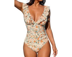 Badpak Dames met Ruffles - Eendelig Zwempak met Diepe V-Hals & Vetersluiting - Corrigerend Buik - Maat XL - Bloemenpatroon