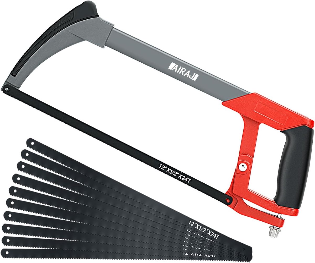 SnelShoppen - Professionele Hacksaw 300 mm met 10 Vervangende Bladen, Metaalzaag voor Hout, Staal, PVC, Bevroren Vlees, 45° en 90° Zaagfunctie