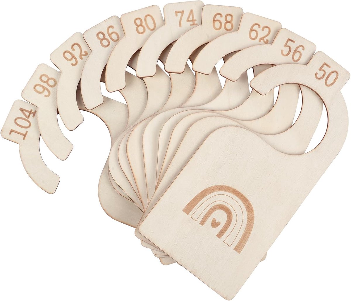 SnelShoppen - 10 Houten Maat Scheiders voor Baby Kleding, Kledingmaat Divider, Maat Tabel 50-104, Organisator voor Baby Kleding, Opbergaccessoires voo