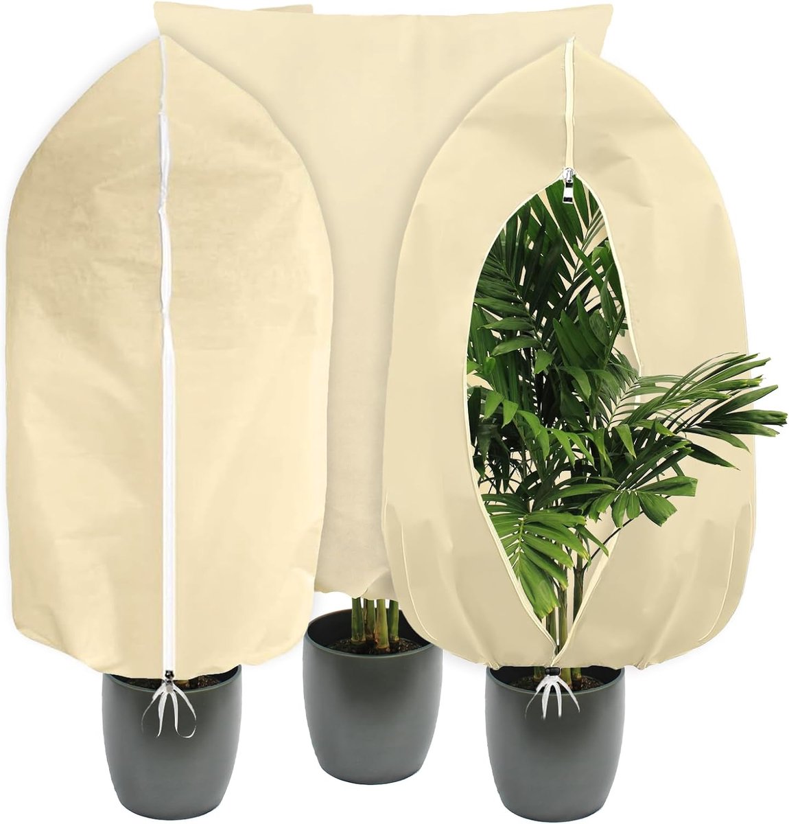 SnelShoppen - 3 Stuks Winterbescherming voor Potplanten - 80x100 cm - Ademend, Scheurvast, Met Ritssluiting en Trekkoord - Herbruikbare Bescherming vo