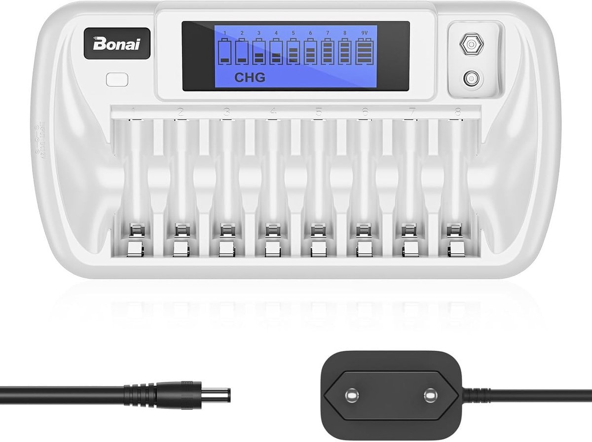 SnelShoppen - Universele Batterijlader met 9 Slots - LCD Oplader voor Ni-MH AA AAA en 9V Batterijen - Discharge Functie (DISCHG)