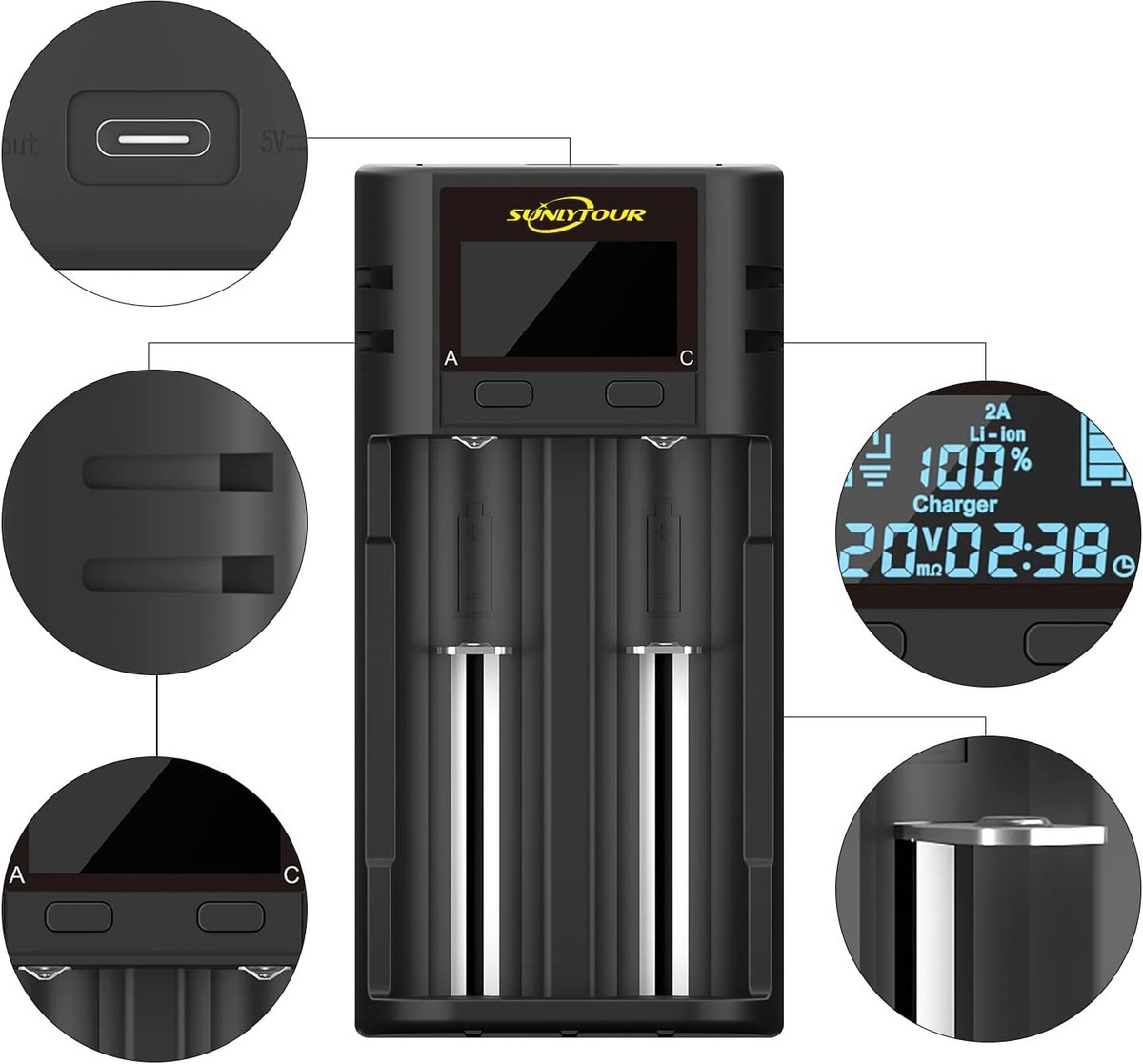 SnelShoppen - Intelligent 21700 18650 Acculader met LCD Scherm, Geschikt voor 20700 21700 22650 26650 16340 17650 Ni-MH/Ni-Cd AA AAA Oplaadbare Batter