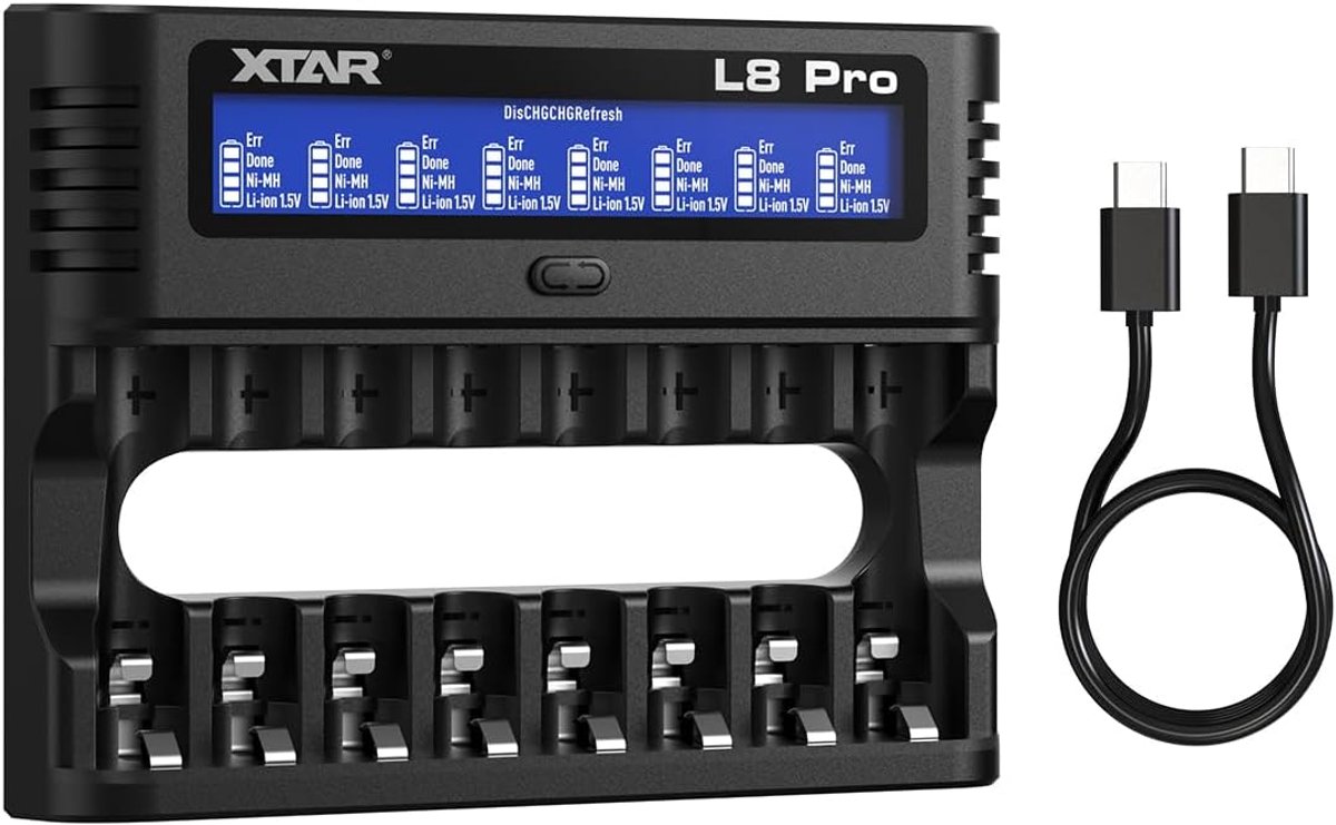 SnelShoppen - XTAR L8 Pro 8-Weg Oplader voor AA/AAA 1.2V NiMH en 1.5V Li-Ion, USB-C Slimme Oplader met LCD Display, 8 Slots met Refresh en Repair Func