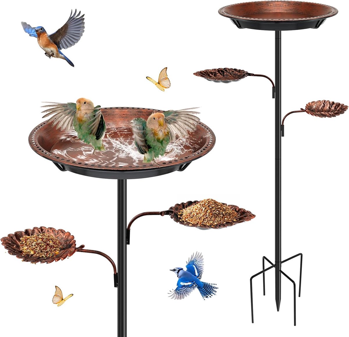 SnelShoppen - Tuinvogelbad 93 cm Met Voederstation - Vintage Metalen Vogelbad Winterbestendig Met Waterkom voor Tuin, Patio, en Buiten