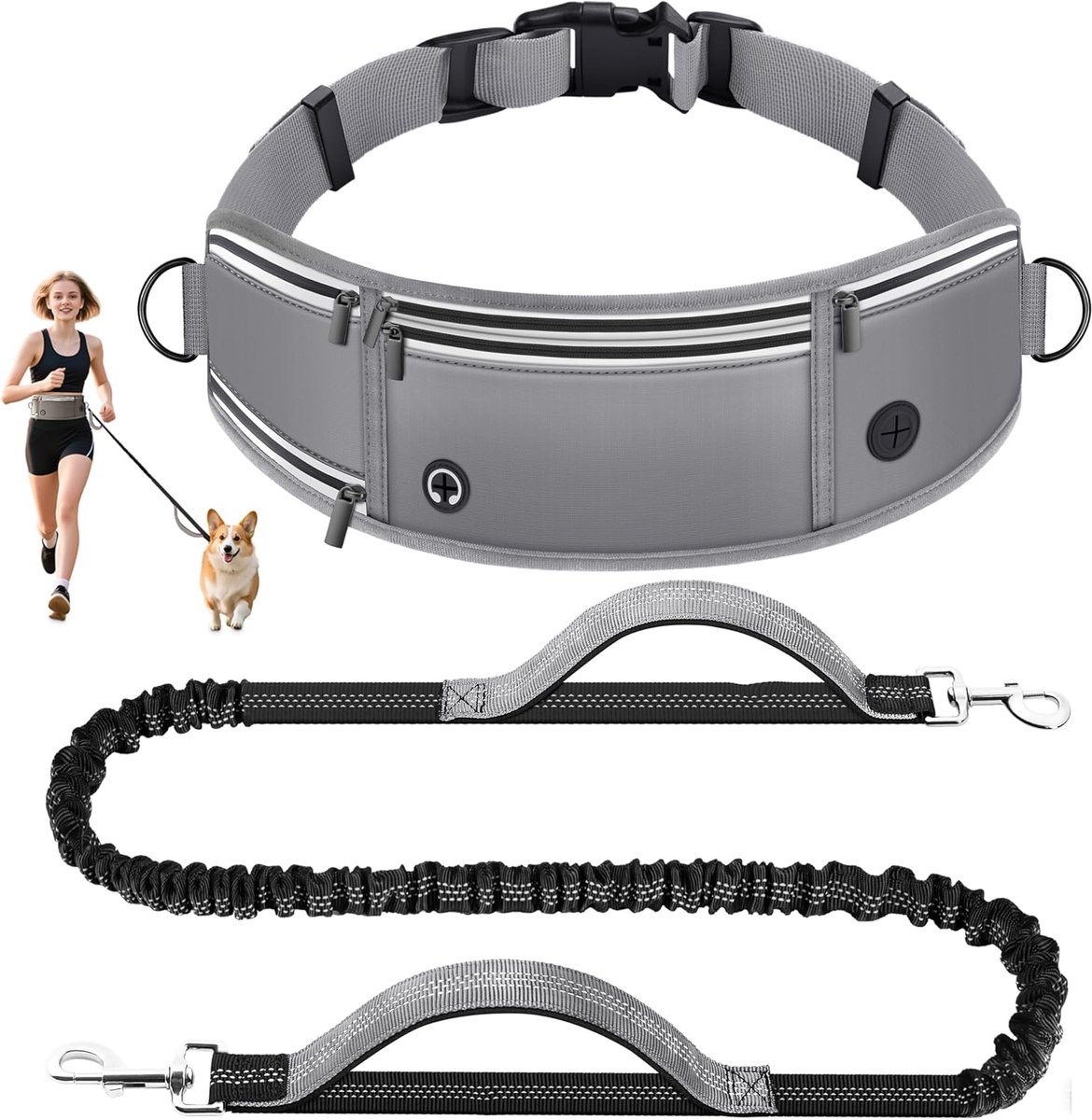 SnelShoppen - Dog Running Leash met Verstelbare Heupriem - Polyester, 12 cm Breed, Zipped Pocket, Ideaal voor Wandelen, Joggen, Fietsen, Comfortabel e