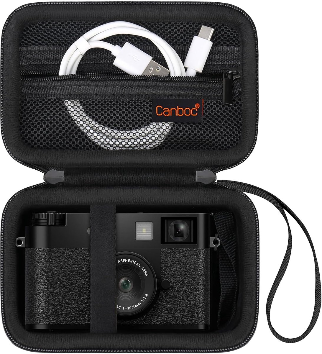 SnelShoppen - Draagtas voor Compacte Digitale Camera, Zwart, Geschikt voor Premium Compact Camera, Mesh Zak voor Accu's en USB Kabels, Krasbestendig M