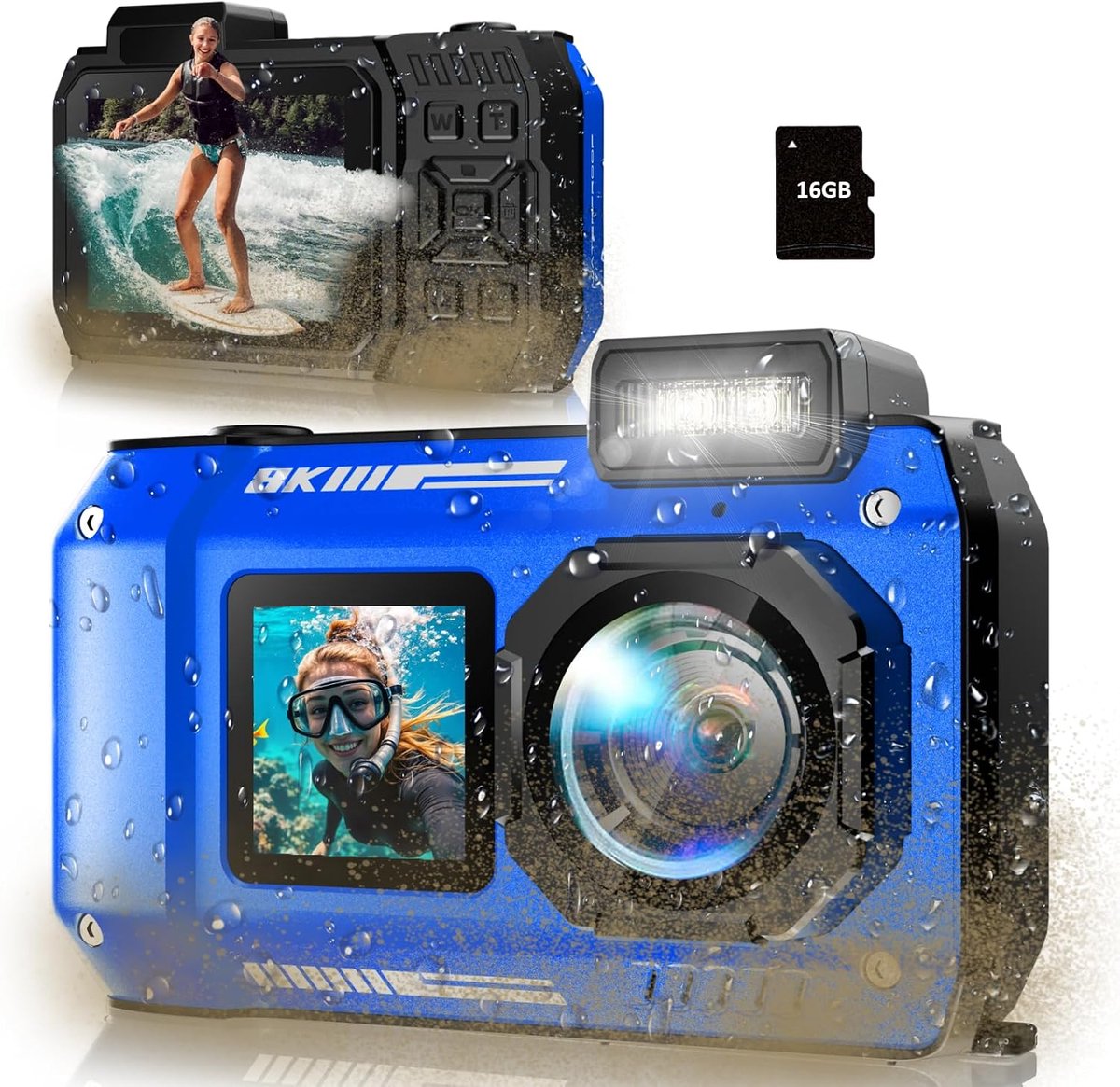 SnelShoppen - 8K Onderwatercamera D50, 10m Waterdichte Camera met 16GB Kaart, 2.8 Inch Dubbel Scherm, Stof- en Schokbestendig, 2500 mAh Batterij, 18x