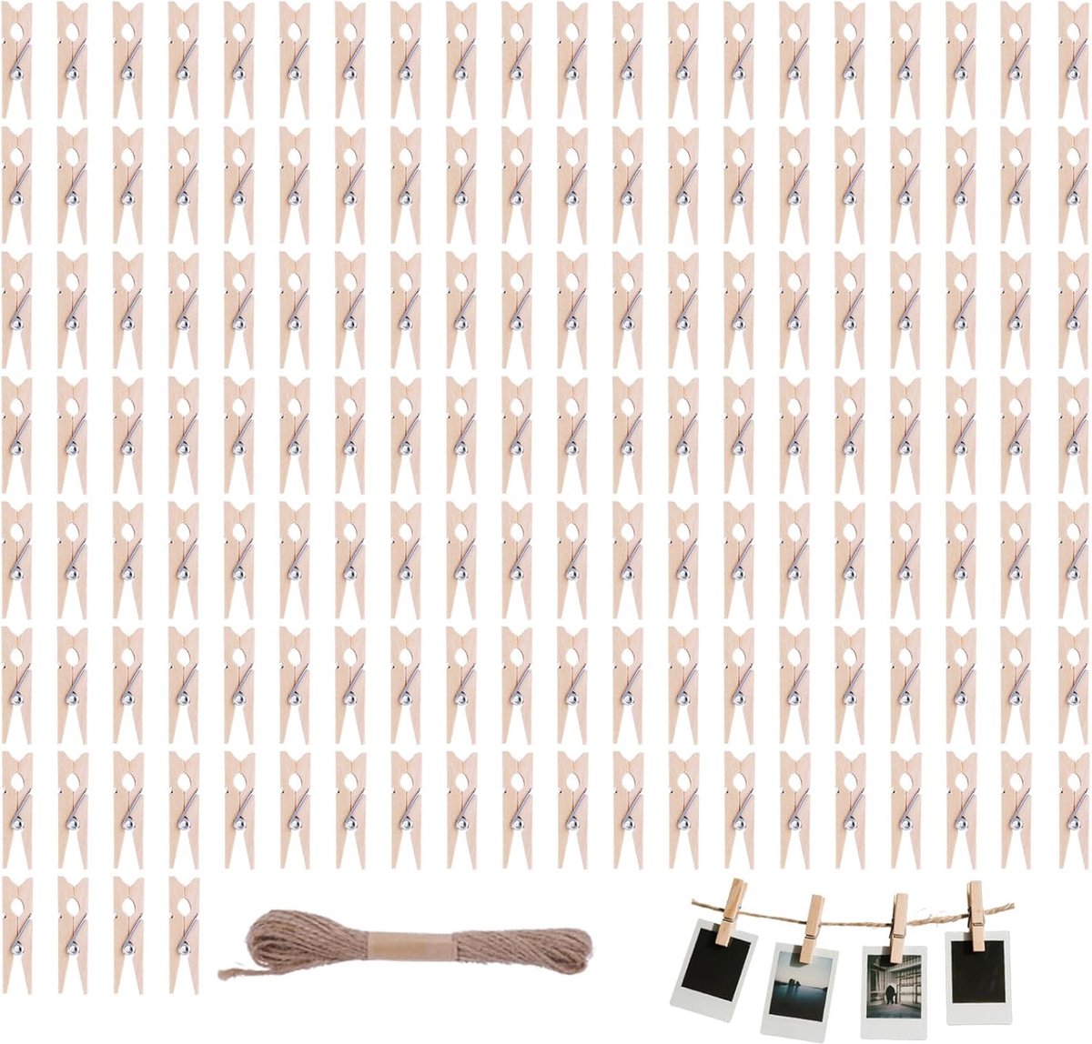 SnelShoppen - 150 Mini Houten Klemmen 3.5 cm met Jute Touw 10 m - Voor Foto's, Postkaarten, Decoraties en DIY Projecten - Creatieve Klemmen voor Feest