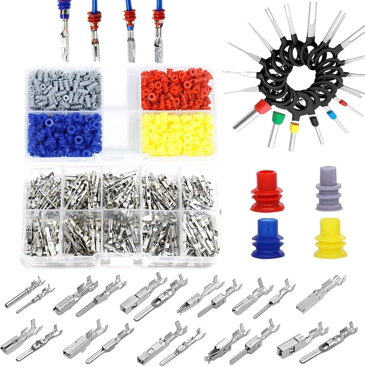 SnelShoppen - 708-delige Car ISO Plug Pin Set, 290 Terminal Pins (1/1.5/1.8/2.2/2.3/2.5/2.8/3.5 mm), 400 Waterdichte Draadafdichtingen en Verwijdertoo