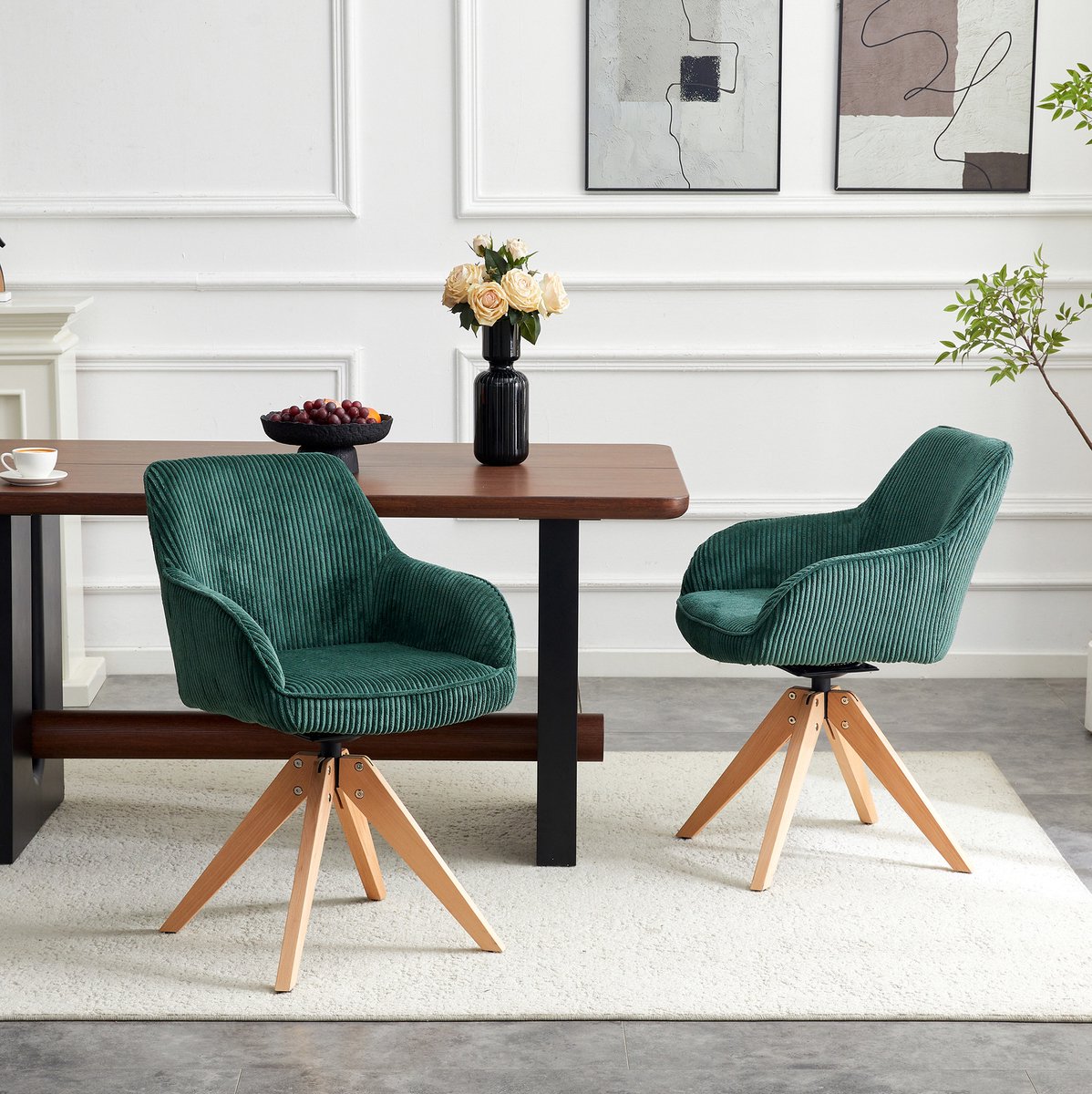 COVREO Eetkamerstoel 84 cm - draaibaar 360°, velvet, armleuning, donkergroen, set van 2