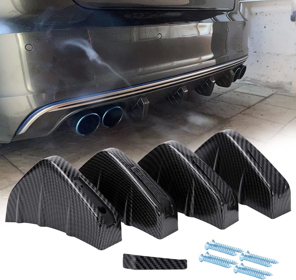 SnelShoppen - 4x Car Rear Bumper Diffuser Shark Fin Spoiler Wings Carbon Fiber Accessoires voor Sportieve Auto's, Bescherming en Styling