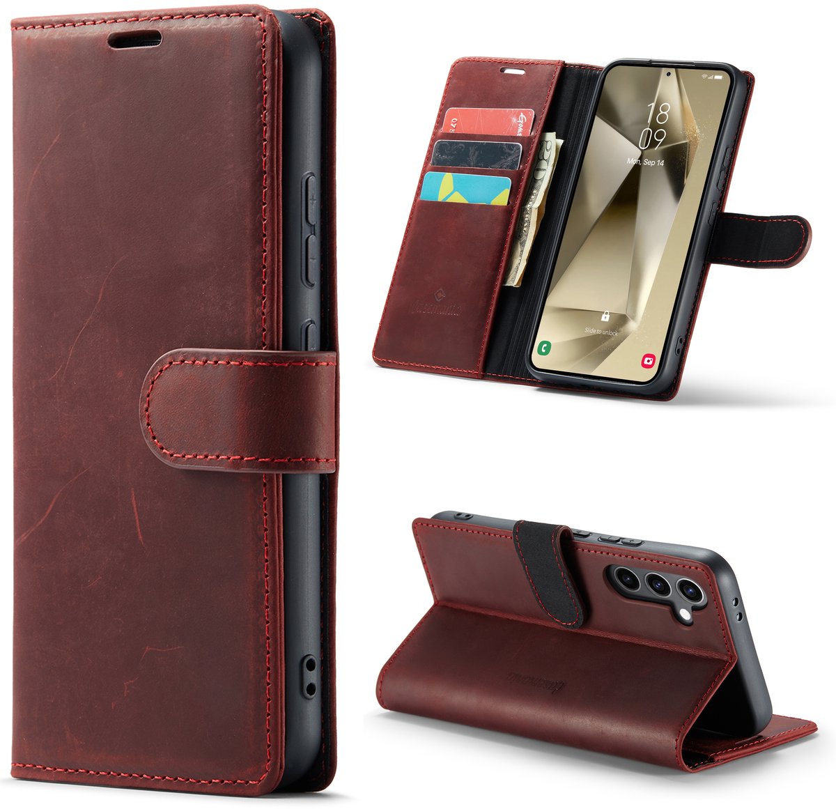 Casemania Echt Leren Hoesje Geschikt voor Samsung Galaxy S25 Plus - Crimson Red - Leer Wallet Hoes - Portemonnee Book Cover met Pasjeshouder