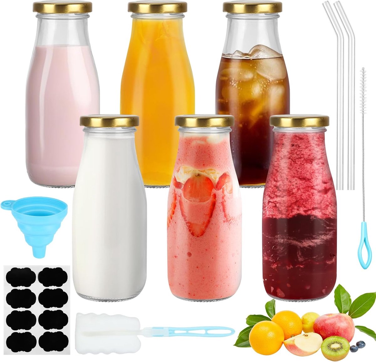 SnelShoppen - 6 Glazen Flessen 280 ml met Gouden Deksel, Herbruikbare Smoothiefles met Rietje, Trechter en Etiketten voor Sappen, Melk, Smoothies - Id