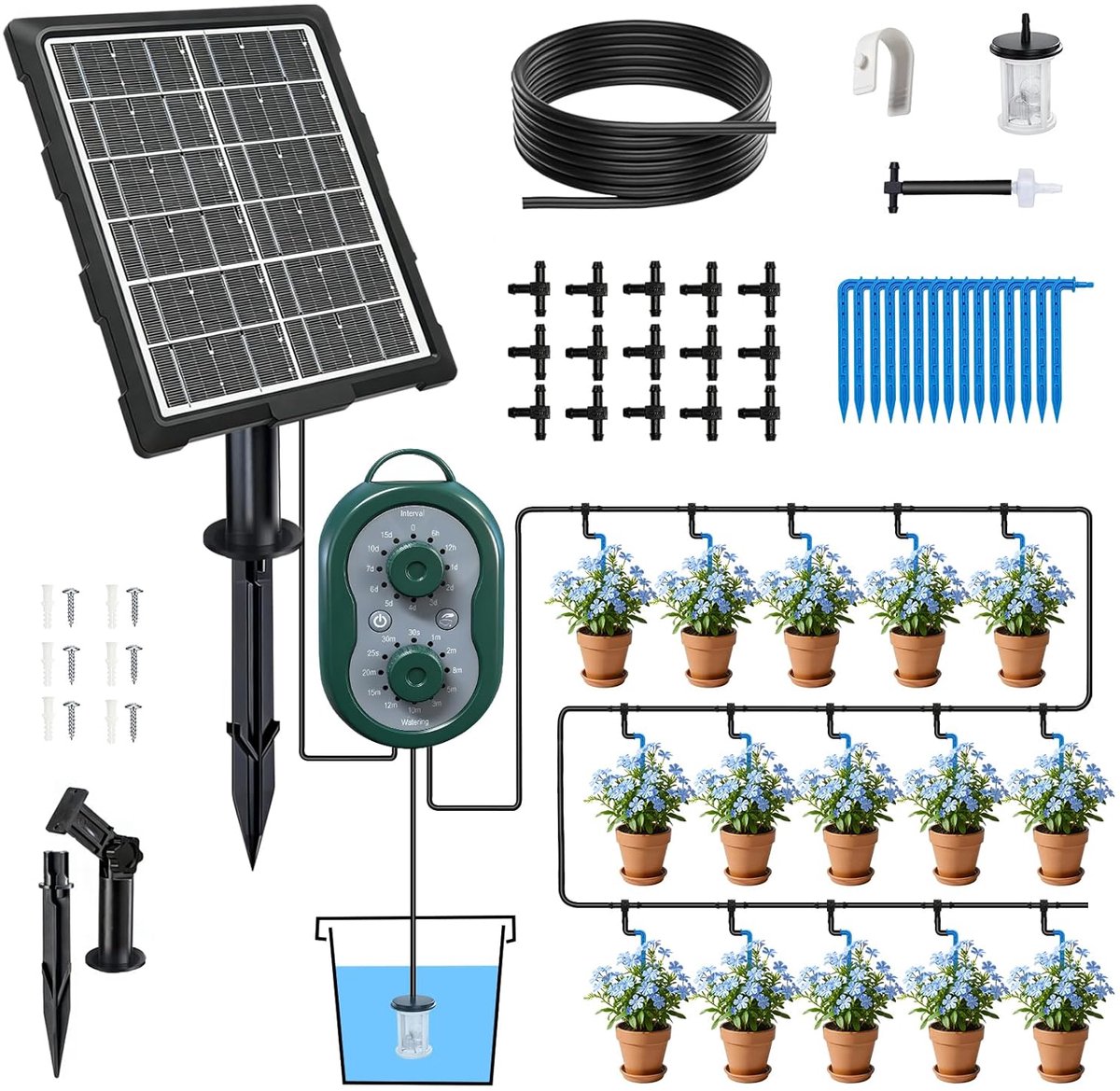 SnelShoppen - Bewateringssysteem op Zonne-energie voor Tuin en Balkon, 15m Druppelirrigatie met Timer, 132 Modi, Automatische Irrigatie voor Vakantie,