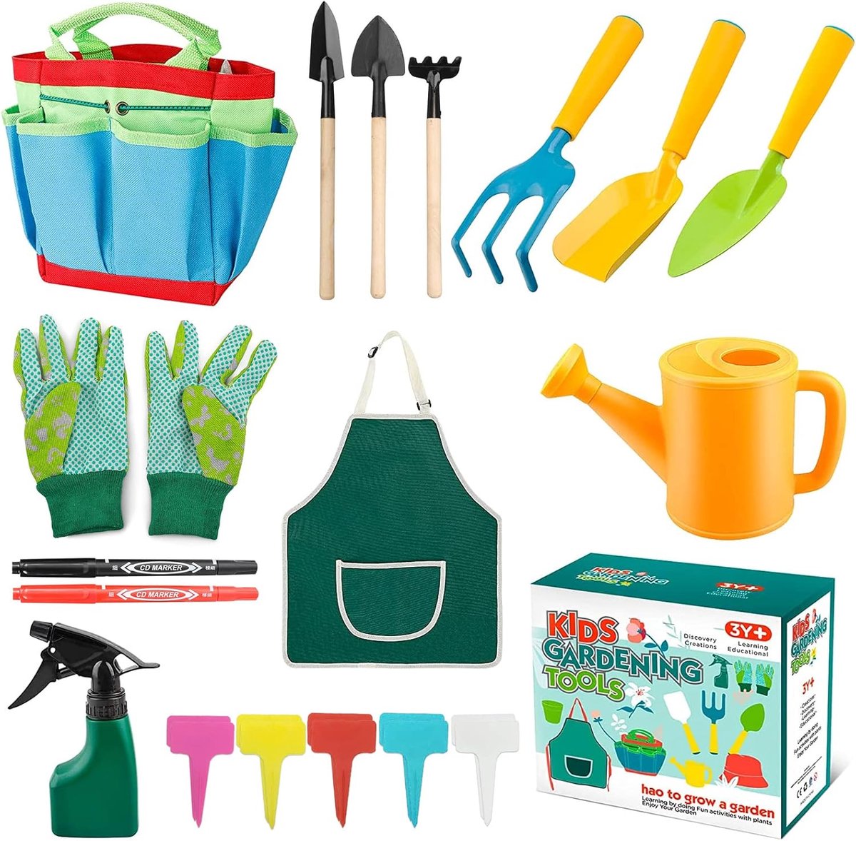 SnelShoppen - 23-delig Kinder Tuinset, Tuingereedschap voor Kinderen met Gieter, Schop, Hark, Spade en Schort, Buitenspeelgoed voor Jongens en Meisjes