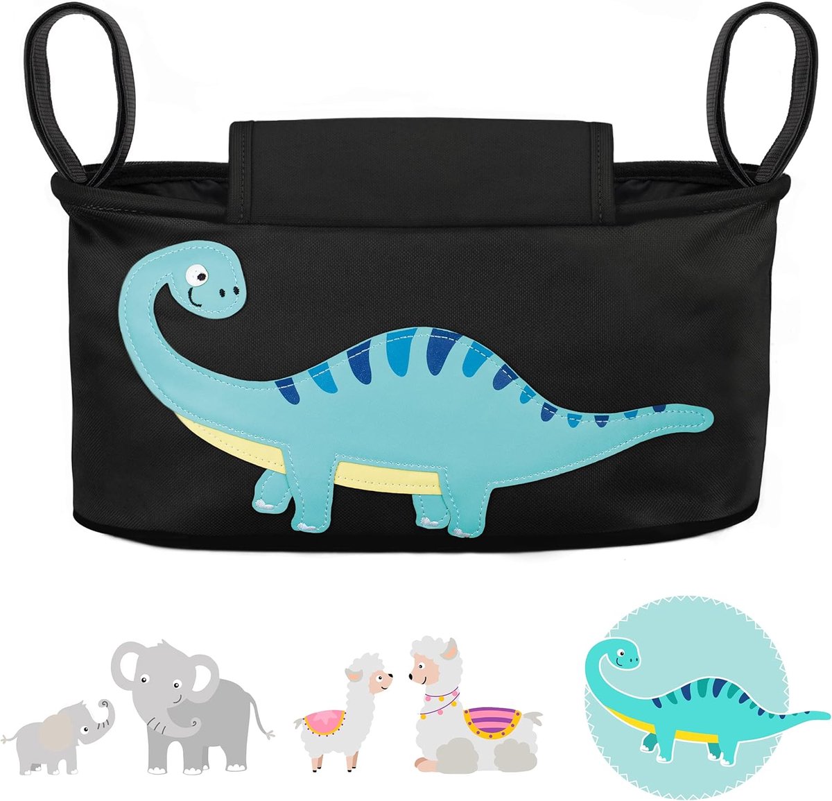 SnelShoppen - Kinderwagen Organizer - 12 Motieven - Kinder Buggy Tas - Opbergtas voor Baby Stroller - Dinosaurus - Zwart - Met Disposer voor Vochtige