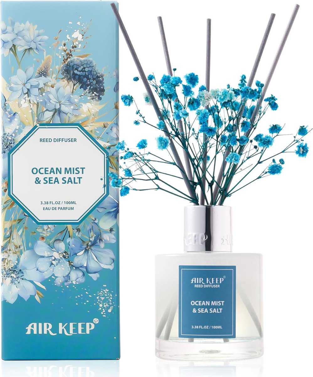 SnelShoppen - Rietdiffuser Luchtverfrisser met 8 Aromastokjes Meeresbrise & Meersalz 100ml voor Badkamer, Woonkamer, Slaapkamer en Kantoor, Stijlvolle