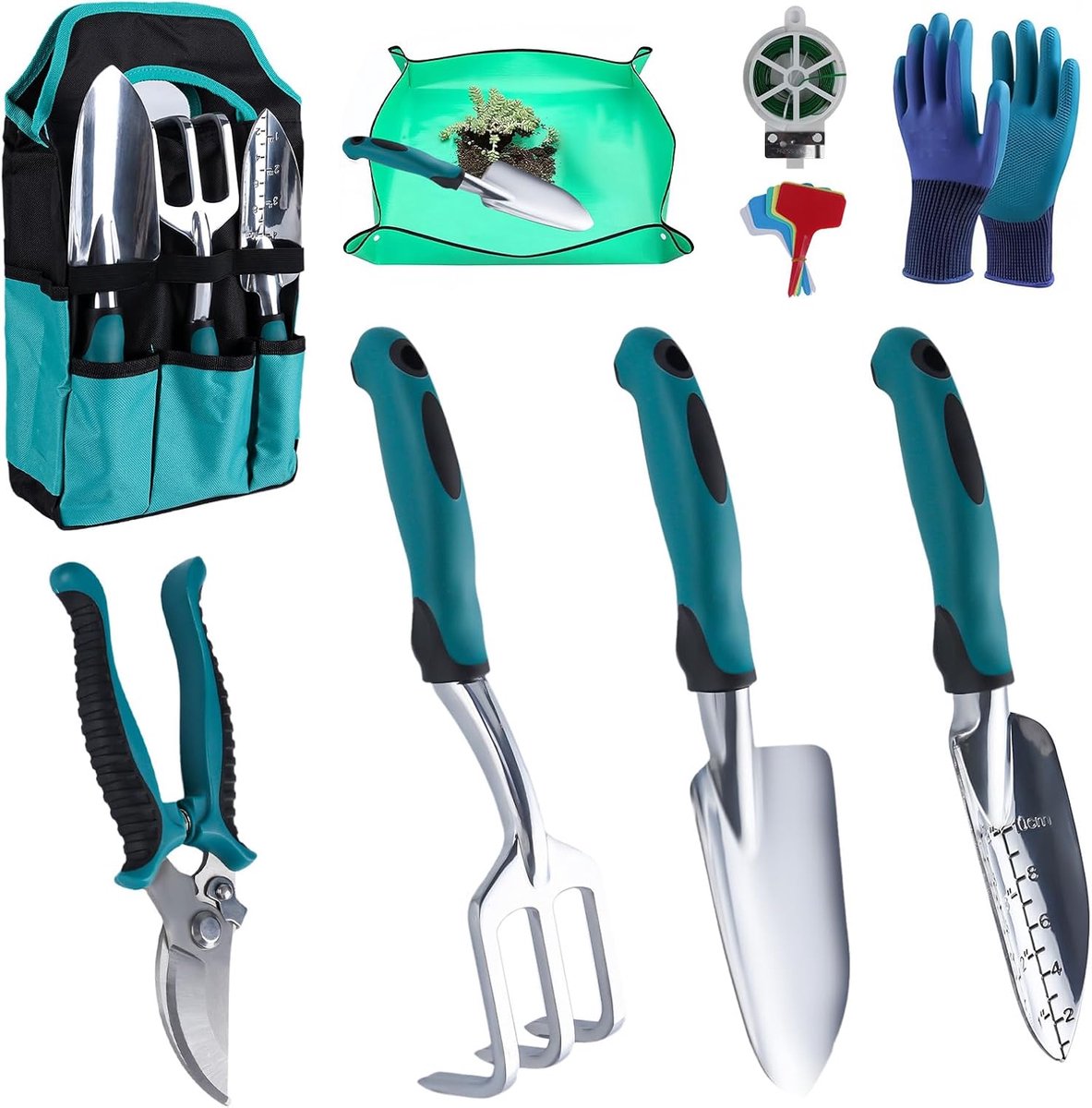 SnelShoppen - 9-delige Tuingereedschapsset met Opbergtas, Anti-slip Handgrepen, Tuinschaar, Hark, Plantentroffel, Handschoenen, Ideaal Tuincadeau voor