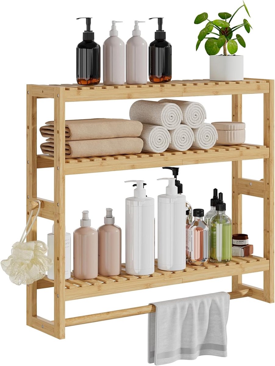 SnelShoppen - RRX Badkamerplank Opbergorganizer - 3-Laags Verstelbare Bamboe Organizer - Hangend en Vrijstaand - Beige Toiletplank voor Badkamer en Ke
