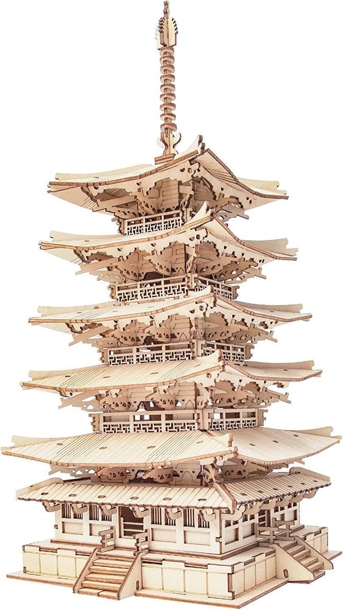 SnelShoppen - 3D Houten Puzzel Pagode Modelbouwset voor Volwassenen - 5 Verdiepingen Japanse Tempel - Doe-het-zelf Houten Constructie - Ideaal als Ker
