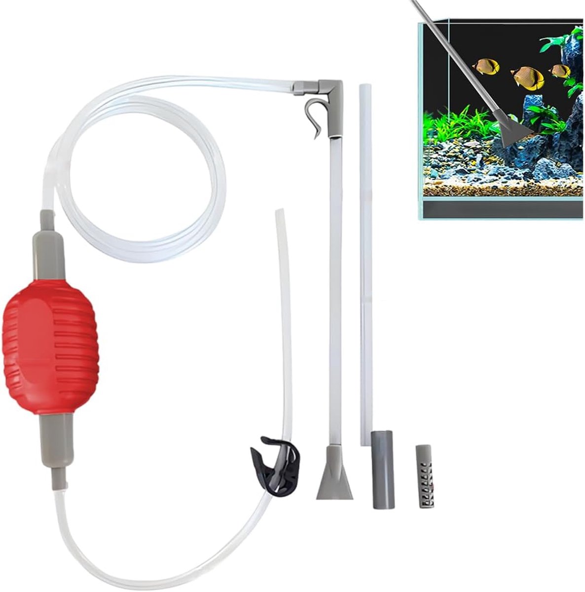 SnelShoppen - Aquariumreiniger met Mulmbel en Vloerzuiger, Professionele Reinigingsset voor Vistank, Ergonomische Handgreep, Duurzaam Kunststof, Rood,