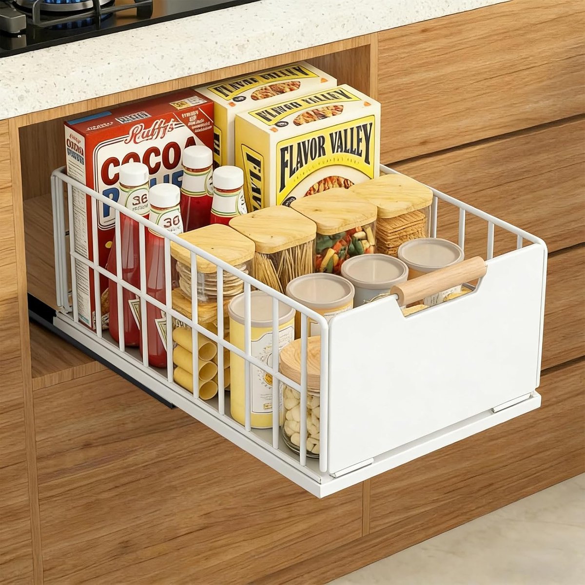 SnelShoppen - Uittrekbare Keukenlade Organizer met Houten Handvat, Metalen Telescopische Lade zonder Boren, 40L x 25B x 18H cm, Ideaal voor Keuken, Op
