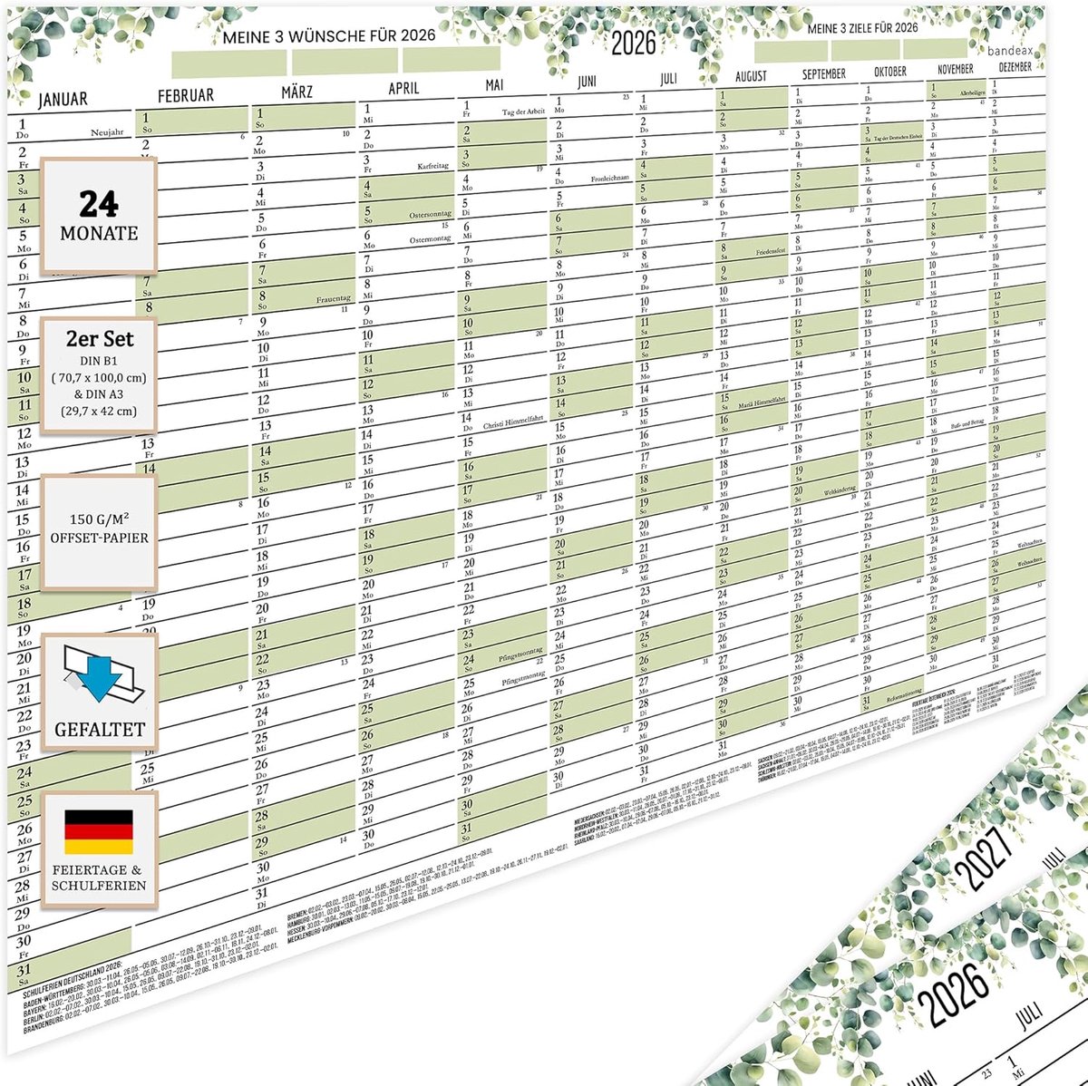 SnelShoppen - Wandkalender Poster 2026-2027 Eucalypten Set - Grote Muurkalender met Natuurlijke Eucalyptusbomen voor Thuis, Kantoor of School - Decora