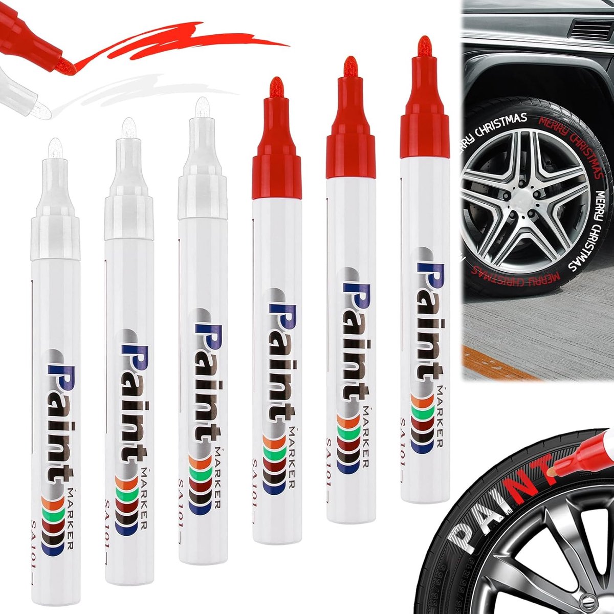 Thijox - Autobandenmarkeerstift 6 Stuks - Waterdichte Permanente Lak Markeerstiften - Ideaal voor Auto, Motor en Fiets - Zwart, Wit, Rood, Geel, Blauw