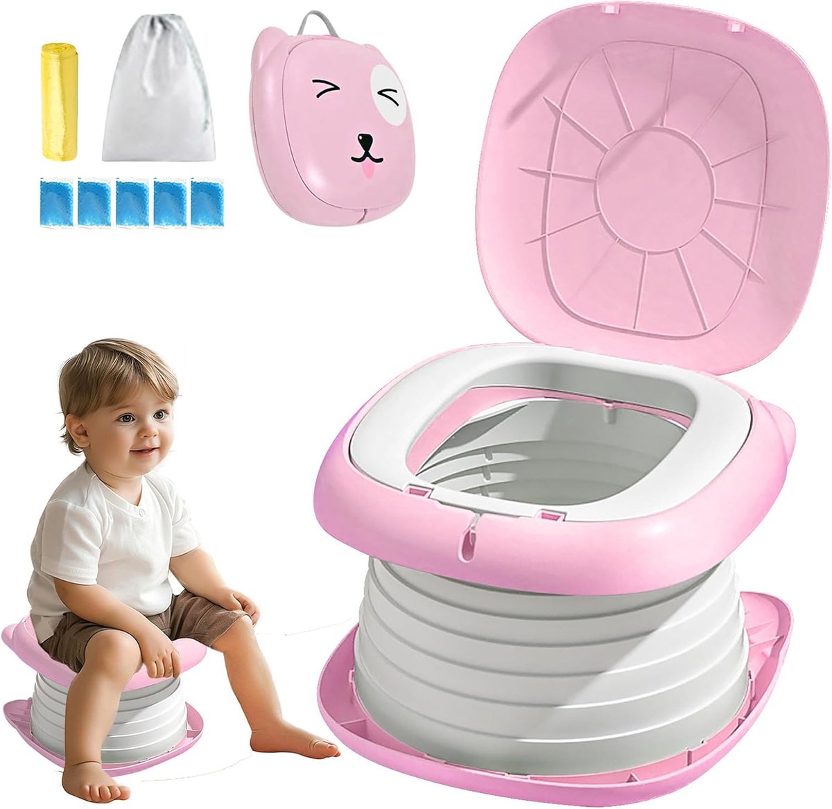 SnelShoppen - Vouwtoilet voor Kinderen, Klaptoilet met Reservetassen, Opvouwbare Toiletbril, Potje voor Onderweg, Babytoilet in Roze, Ideaal voor Camp