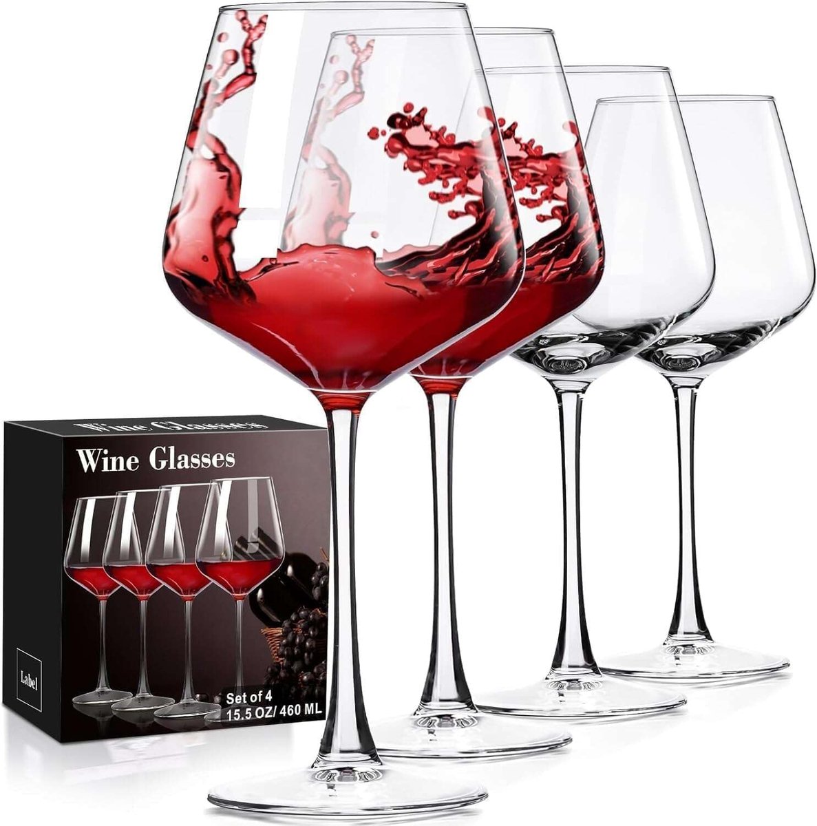 SnelShoppen - Set van 4 handgeblazen wijnglazen, rode en witte bordeaux glazen, 16 oz, perfect voor bruiloften, verjaardagen, kerstcadeaus en feesteli