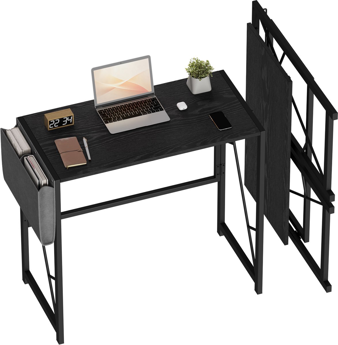 Opvouwbaar computerbureau zwart 40x80x72 cm, schrijfbureau 80cm met zijvak en haken, eenvoudig te monteren thuiskantoor bureau voor slaapkamer en balkon