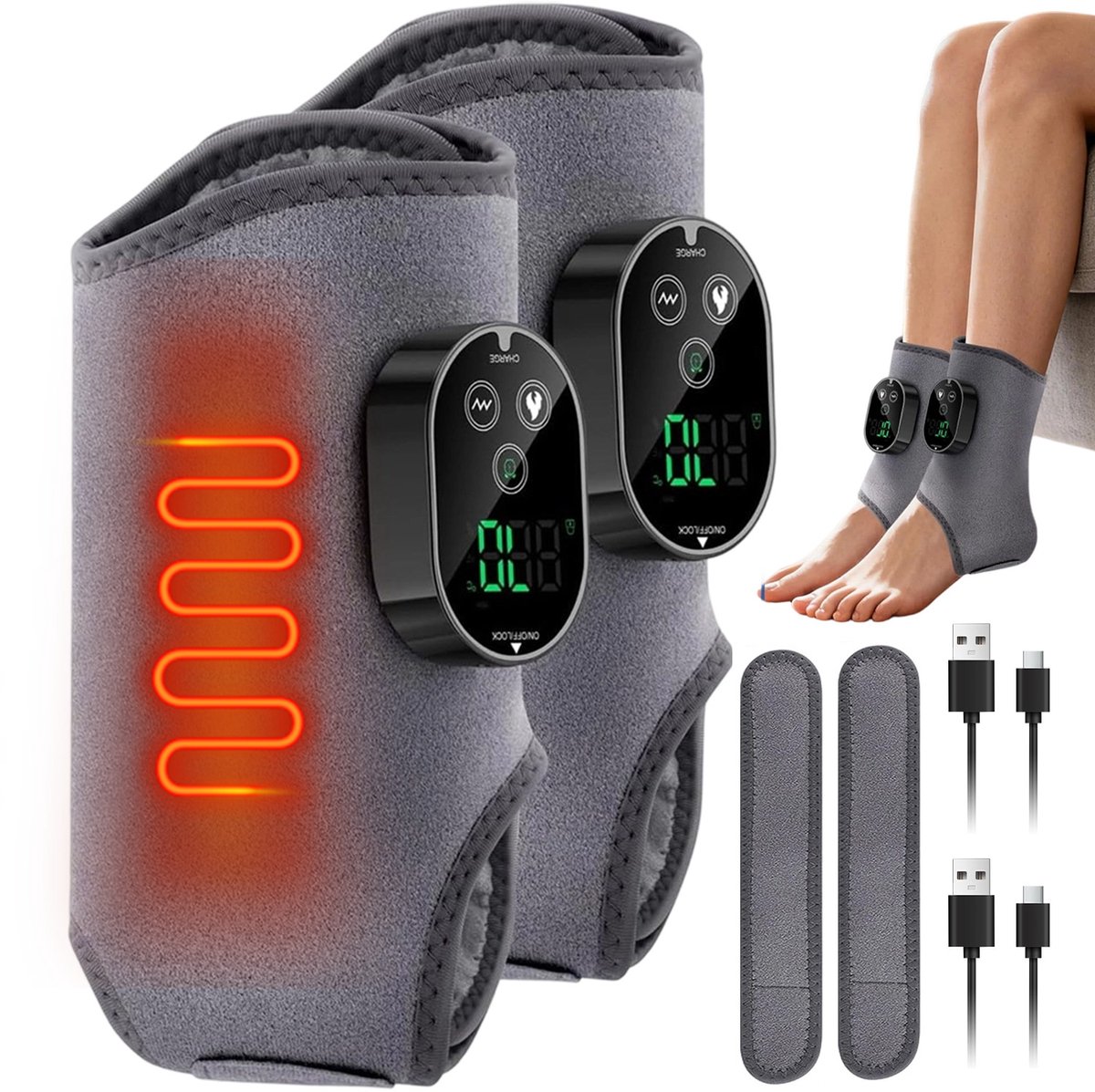 Voetmassager - Draadloos Massageapparaat - 2 Pack - Verwarming en Vibratie - LCD-touchscreen - Bloedsomloop en Pijnverlichting - Voor Enkel, Arm en Elleboog