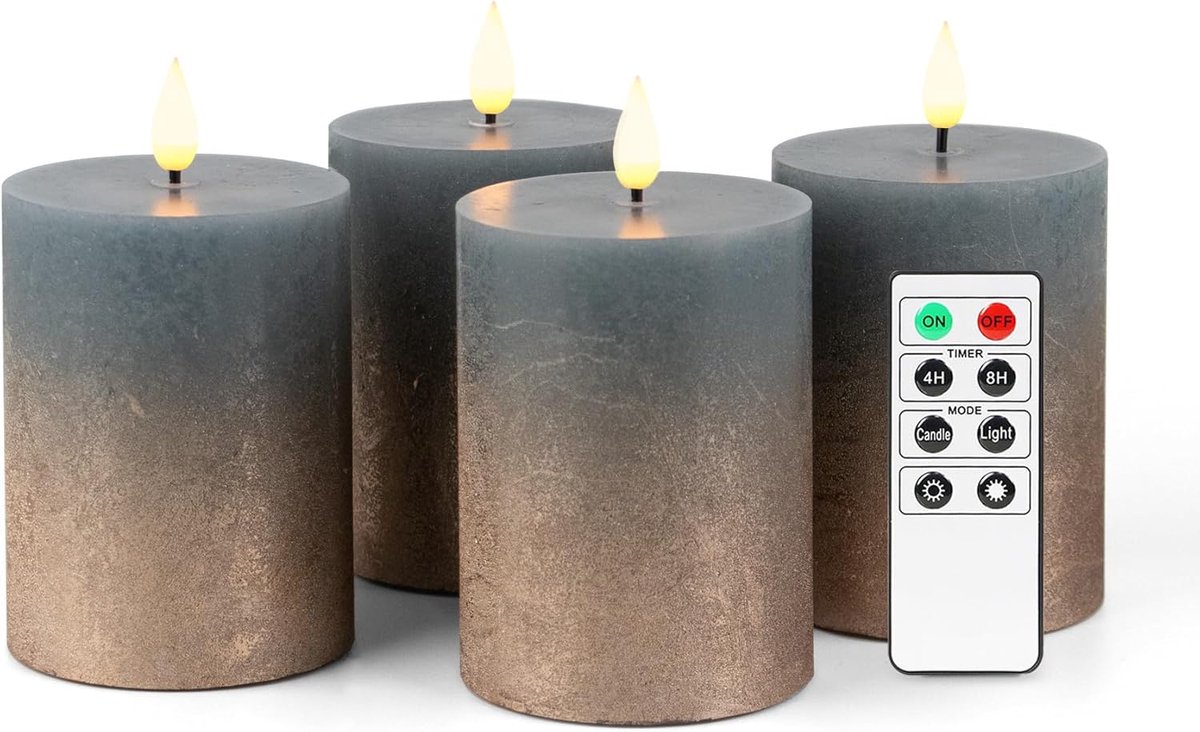 SnelShoppen - 4 Vlamloze LED Pijlerkaarsen met Timer en Afstandsbediening - Rustieke Waskaarsen in Misty Blauw/Koper voor Kerstmis - 10 cm Hoog - Incl
