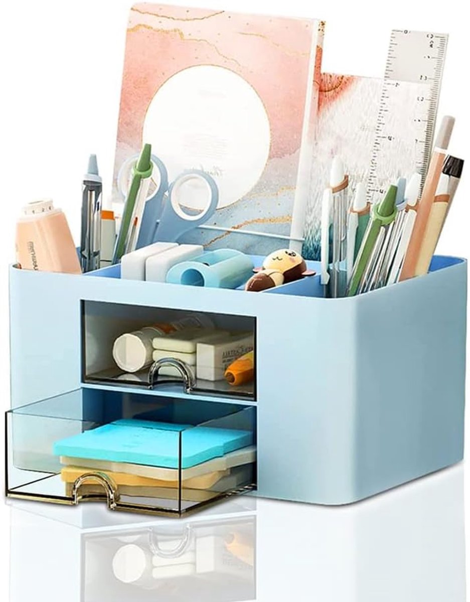 Thijox - Bureau-organizer met lade, multifunctionele pennenhouder, 7 vakken, kunststof tafelorganizer voor kantoorbenodigdheden, pennenkoker voor thui