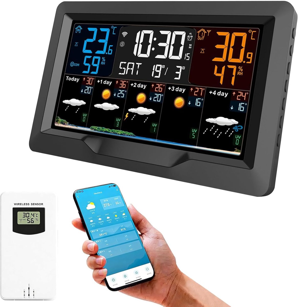 SnelShoppen - Weerstation met 3 Buitensensoren, Wifi-Weerstation met App, Temperatuur- en Vochtigheidssensor, Wekkerfunctie, Verstelbaar Scherm met 4