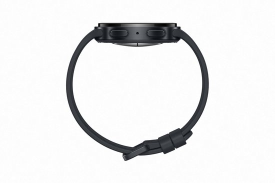 Zij-aanzicht van de zwarte Samsung Galaxy Watch9 met donkergrijs bandje, met de sluiting zichtbaar.