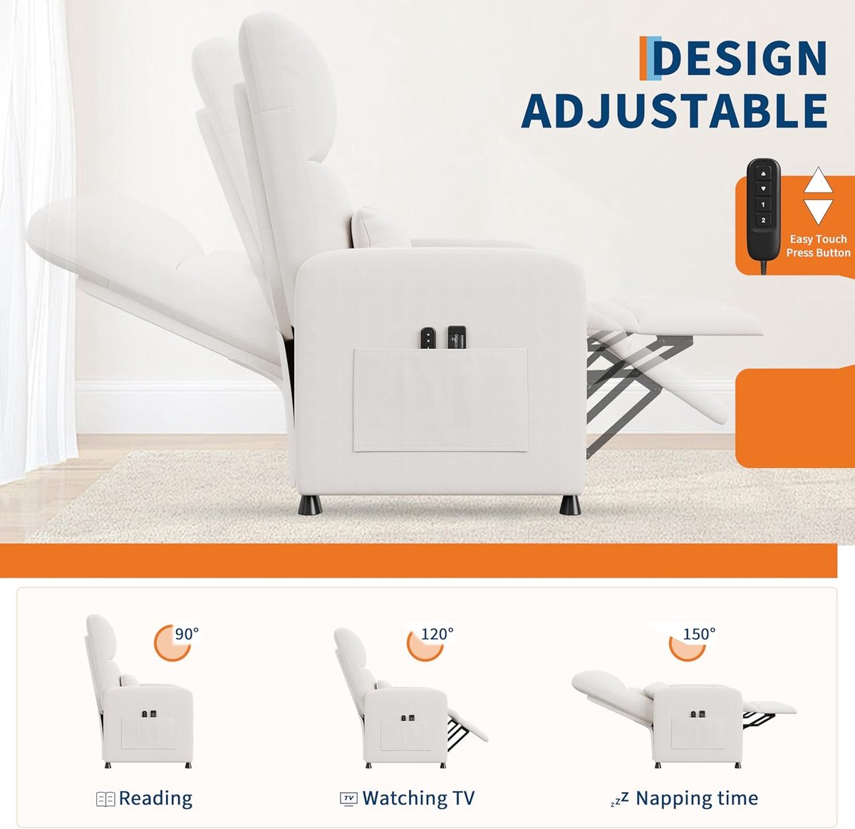 Elektrische Relaxstoel met Massage en Verwarming - Verstelbare TV-stoel (105-165°) - Linnen Look - Max. 180 kg - Inclusief Afstandsbediening & Geheugenfunctie - wit – foto 7