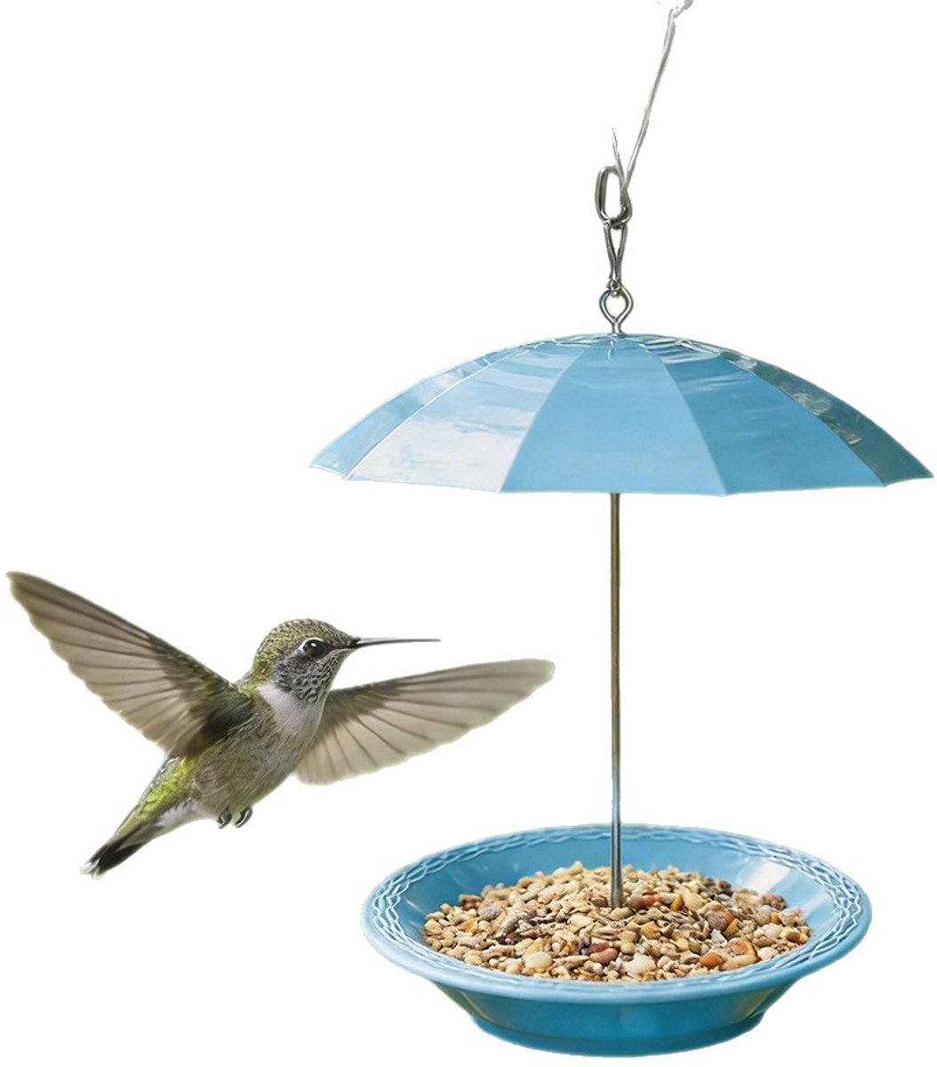 YAGXIG Kolibrievoeder - Vogelvoeder voor buiten - Hangende vogelvoeder met zonnescherm - Regenbestendige vogelkom - Geschikt voor tuinkolibries en kleine vogels - Hangende vogelvoeder voor buiten - Waterdicht en vochtbestendig - Blauw