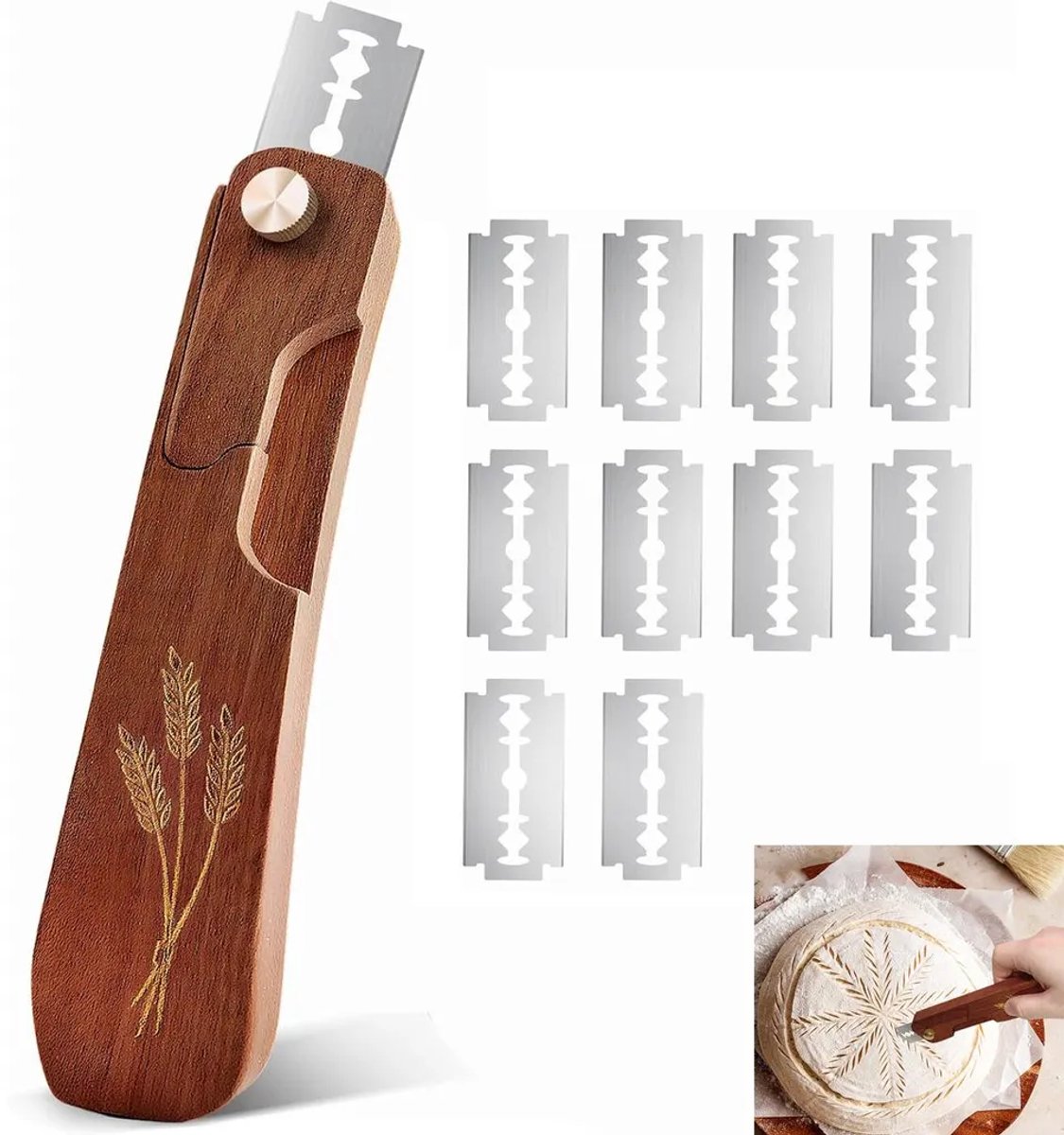 LISM Broodsnijmachine, Professioneel grenenhouten broodmes, Broodsnijset (met 10 vervangende messen), Deegmes, Geschikt voor zuurdesembrood en baguettes