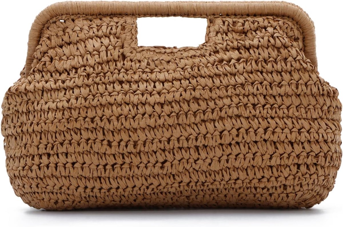 SnelShoppen - EVEOUT Stro Clutch voor Dames - Boho Raffia Strandtas - Woven Tote Handtas - Bruin - 39x28x23cm - Perfect voor Vakantie, Bruiloft, Feest