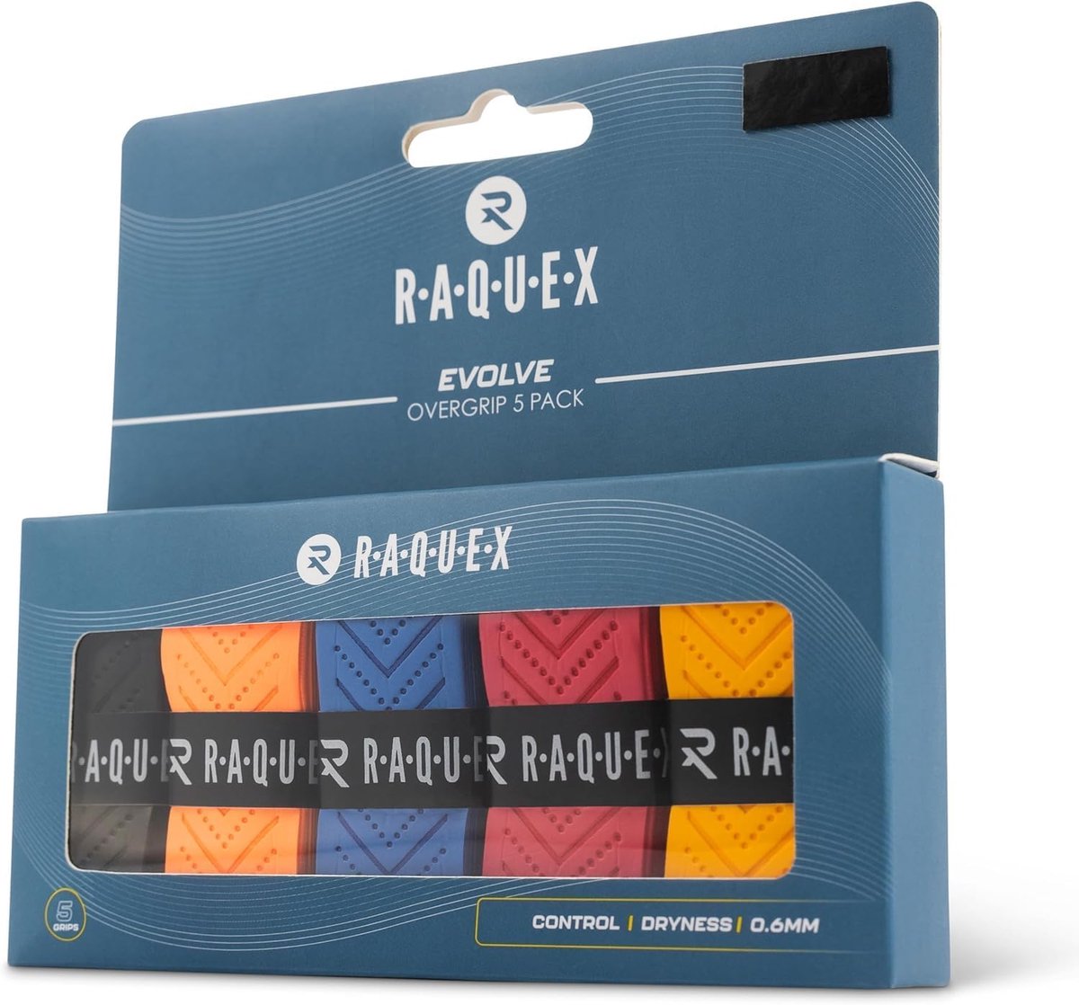 SnelShoppen - Raquex Overgrip Tape voor Rackets - Set van 5 Non-slip Grip Tapes in Blauw, Rood, Geel, Oranje en Zwart - Voor Tennis, Badminton en Squa