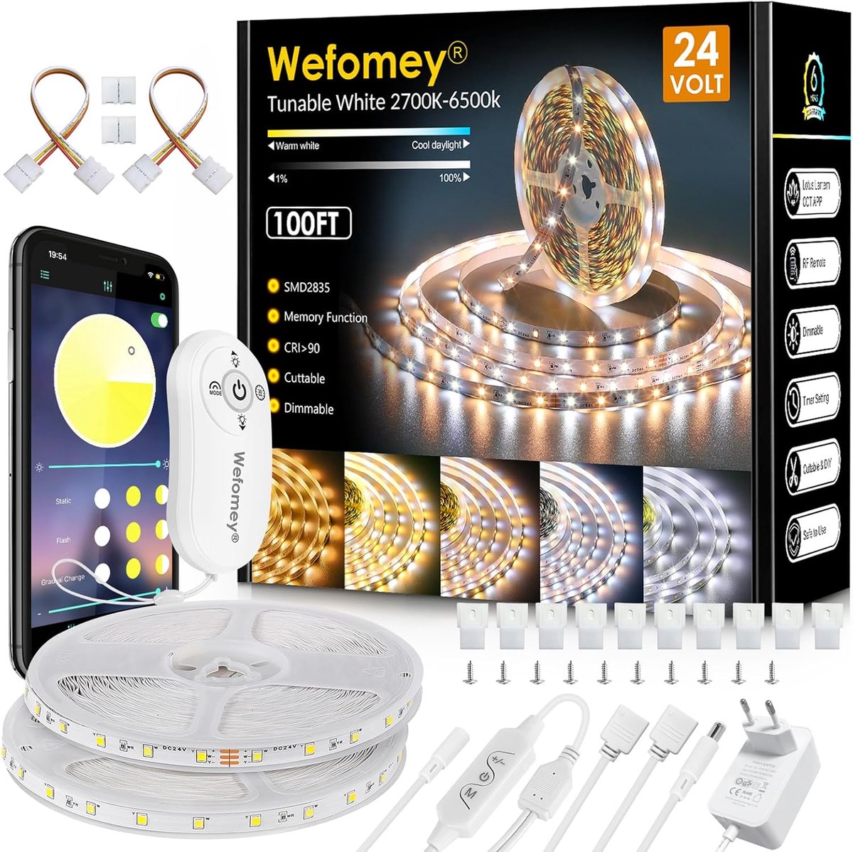 SnelShoppen - LED Strip 30 m Dimbaar Warm Wit LED Strip met App en Afstandsbediening, 2700K-6500K, Flexibele 12 V Zelfklevende Lichtstrip voor Binnenh